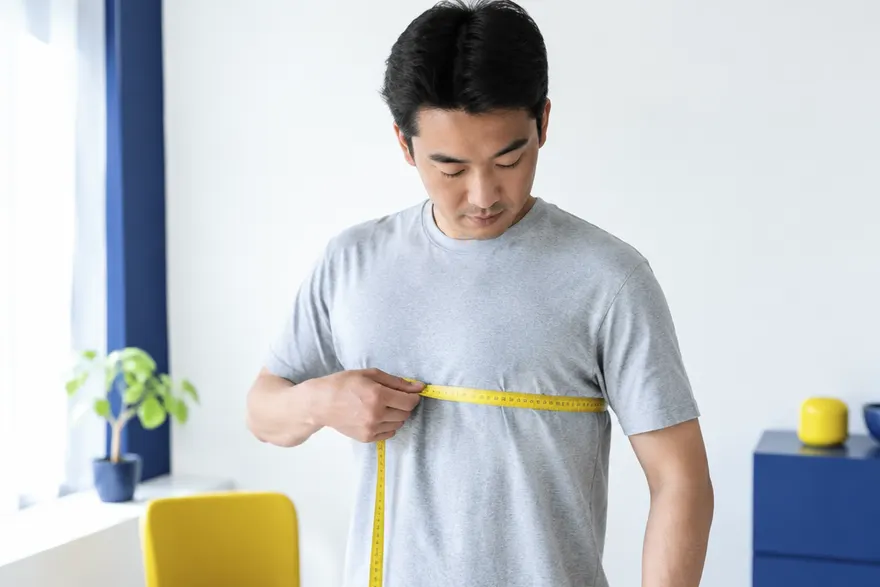 남성이 거울 앞에서 줄자를 겨드랑이 아래 가슴에 수평으로 둘러 가슴둘레를 재는 장면