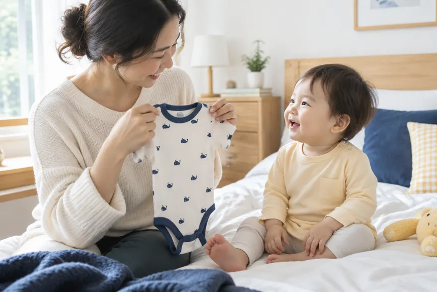 부모가 아기 옷을 아기 몸에 대어 보며 길이와 품을 확인하는 장면